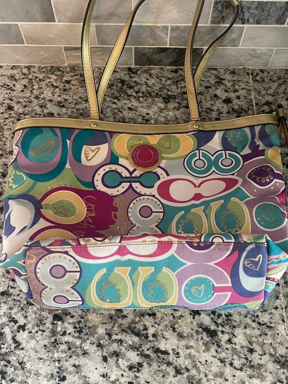 Coach Multicolor Circle Logo Tote with Gold Trim